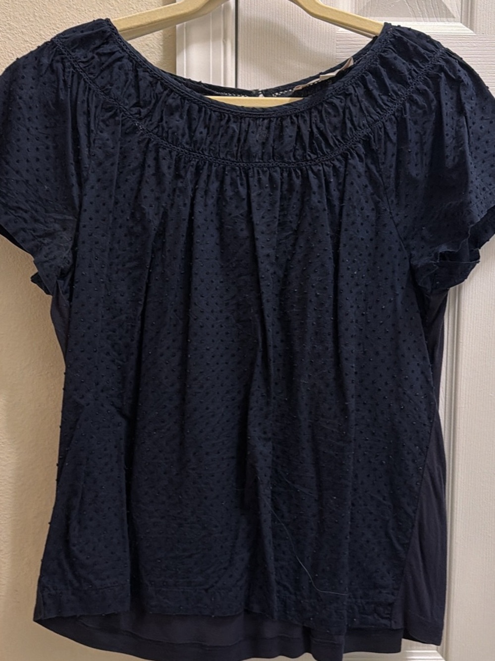 LOFT Navy Textured Short Sleeve Peasant Top